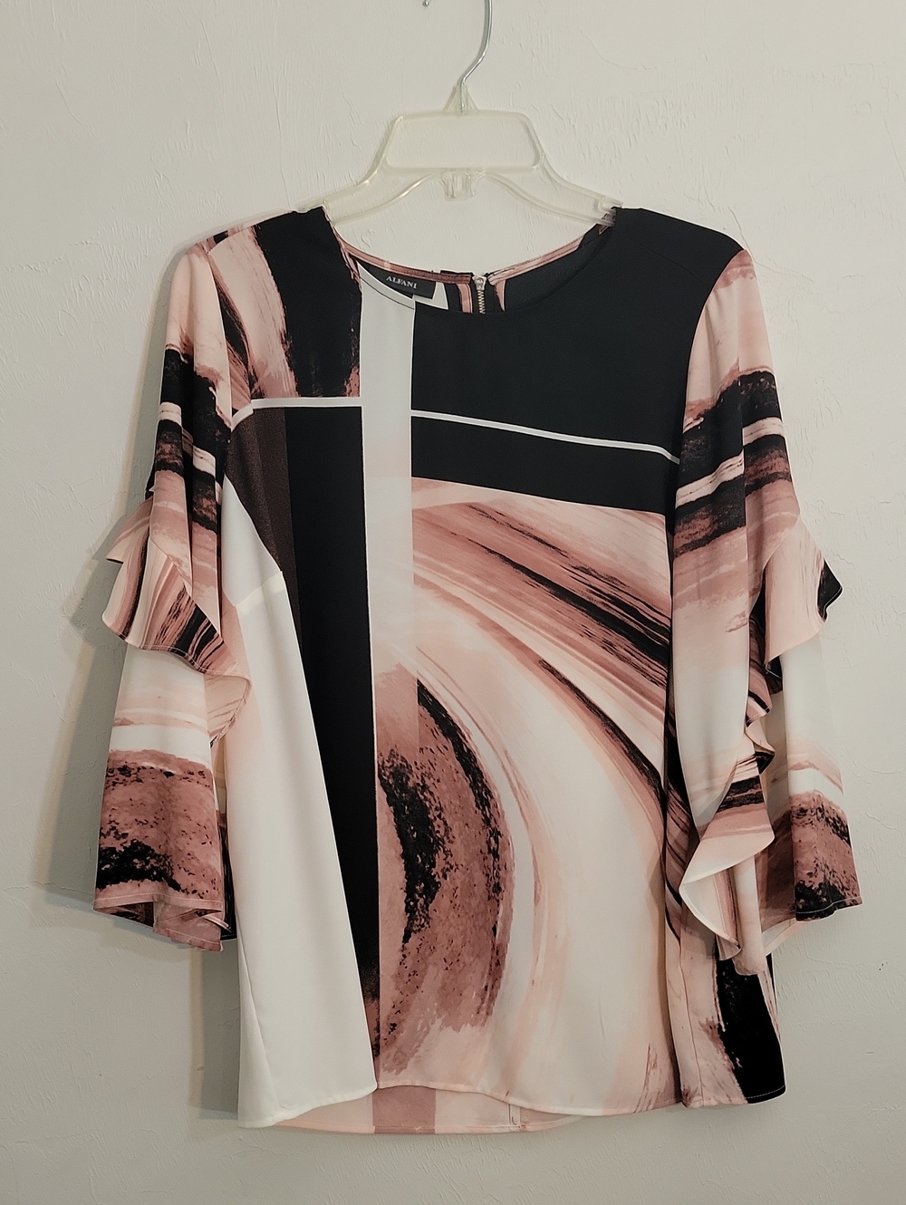 Alfani Blush Pink and Black Abstract Ruffle-Sleeve Blouse
